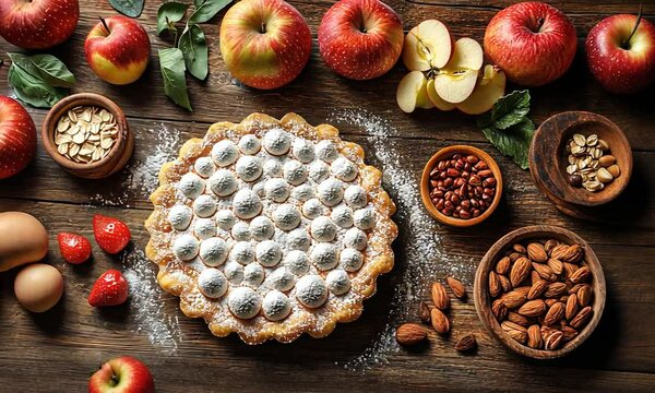 A beautifully arranged apple tart surrounded by fresh apples, nuts, and baking ingredients on a wooden table
