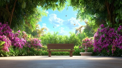 Obraz premium Serene Outdoor Scene With Wooden Seat And Purple Flowers