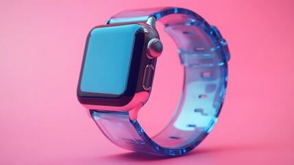 a smart watch with a blue glass band on a pink background