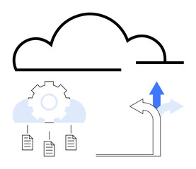 Cloud icon with gear and files symbolizing automation, branching arrows indicating decision-making. Ideal for technology, automation, data management, innovation, cloud computing, productivity