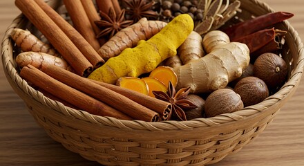 Aromatic Spices and Herbs in Rustic Basket