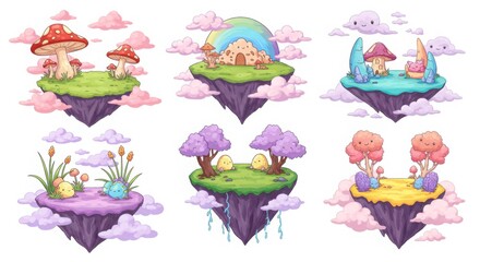 Naklejka premium series of magical floating islands with cute and surreal landscapes perfect for sticker packs pure white background