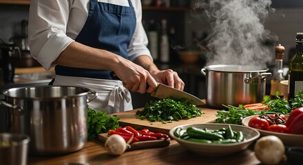 Culinary preparation showcasing a chef skillfully chopping fresh ingredients in kitchen
