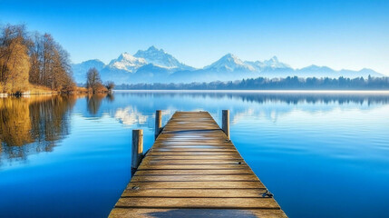 Fototapeta premium Serene lake with wooden dock and mountain backdrop