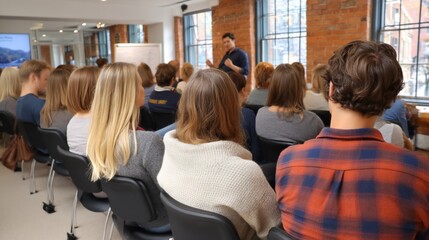 Fototapeta premium Audience attentively listening to speaker at presentation in modern loft-style office. Possible use for educational or business purposes