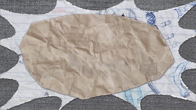 This loopable stop motion animation features stacked layers of a variety of changing paper and fabric textures, with torn edges and hand-drawn doodles. Makes a great dynamic title background.
