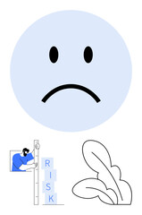 Large sad face in blue, person stacking blocks labeled risk, abstract leaf design. Ideal for emotions, challenges, risk management, decision-making, stress, business strategy simple landing page