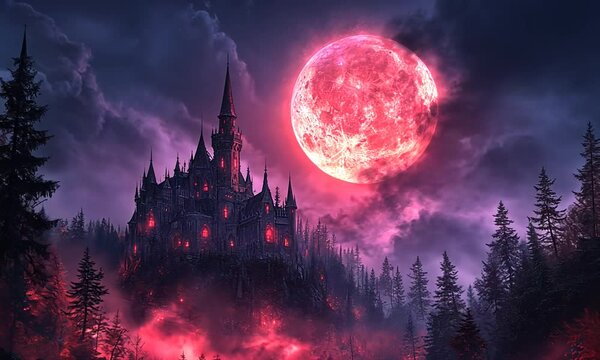A dark, eerie castle illuminated by a large, red moon amidst a foggy forest at night