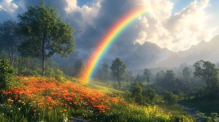 Vibrant Rainbow Over Mountain Meadow Flowers In High Resolution Image