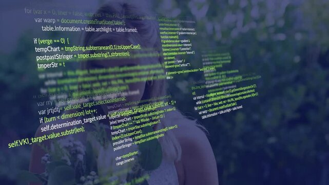 Woman navigating tech code overlay in garden, displaying floating JavaScript scripts and greenery