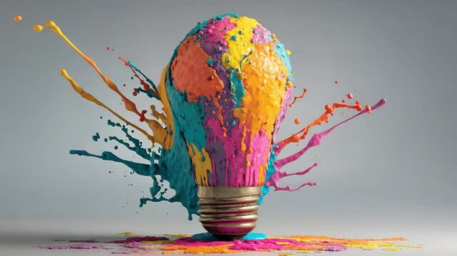 A Burst of Color: An incandescent bulb explodes with vibrant paint, symbolizing creativity and innovation, set against a clean backdrop, conveying dynamic energy and the spark of ideas.