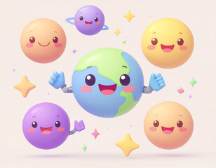 Adorable cartoon planets with smiling faces and tiny robots dancing around them create vivid and joyful scene. colorful characters bring sense of fun and whimsy to universe