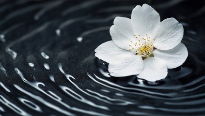 White flower floating on water with ripple effect in dark background.