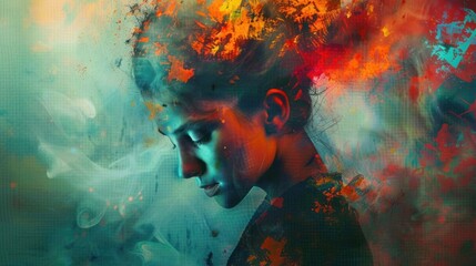 Profile of a person with artistic, fiery orange and red abstract paint swirls over head blending into dark and teal cloudy background evoking creativity and intensity