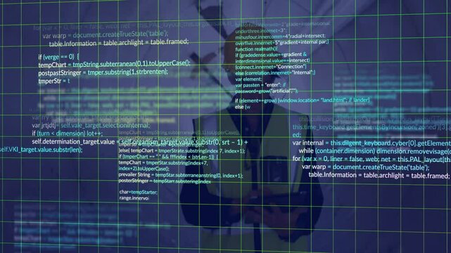 Construction engineer wearing yellow helmet and vest, examining floating code, grid in AR workspace