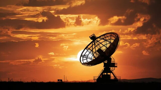 Silent Sentinel: A stark silhouette of a radio telescope against the fiery backdrop of a sunset sky, poised and ready to reach for the stars.