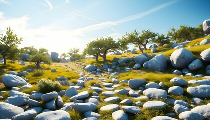 Fototapeta premium Tranquil Meadow Landscape with Smooth Stones and Lush Greenery under a Sunny Sky