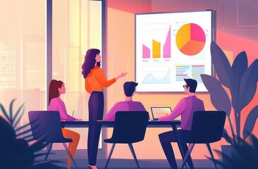 Team of four professionals in a modern office giving and listening to a colorful data presentation on a large screen during a business meeting with warm natural light and indoor plants