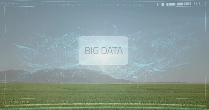 Big data HUD panel rising above green farm field, displaying blue waveforms and network lines