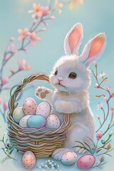 adorable white bunny holding a woven basket filled with colorful Easter eggs surrounded by soft pastel blossoms and delicate branches in a bright spring setting