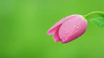 Pink Flower With Water Drops On Green Background
