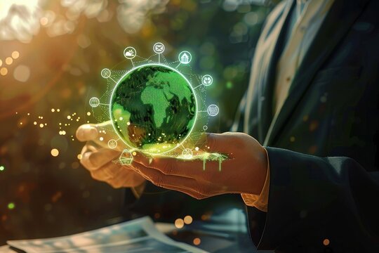 Person in suit holding glowing green digital earth surrounded by various technology and sustainability icons symbolizing environmental protection and innovation with warm sunlight background