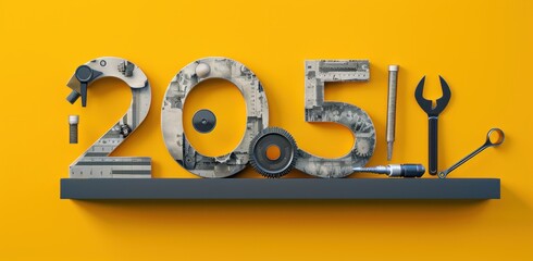 Mechanical and industrial-themed numbers forming 205 with various tools and parts on a shelf against a bright yellow background, conveying innovation and construction