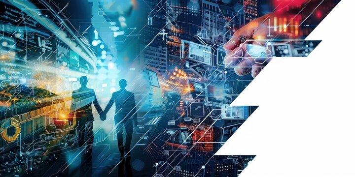 Silhouettes of two people holding hands walking in a cityscape filled with digital and technological interface overlays and a hand interacting with electronic data in a futuristic atmosphere