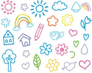 Bright and colorful doodles of flowers and clouds