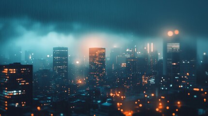 A futuristic city skyline shrouded in fog with glowing lights.