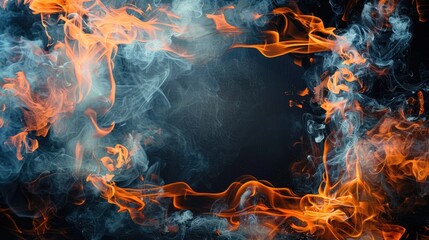 dynamic swirling orange flames and thick white smoke creating a fiery frame around a dark center evoking intensity and movement