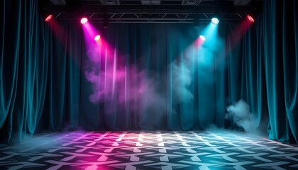 Moody Stage with Teal Curtains and Neon Lighting