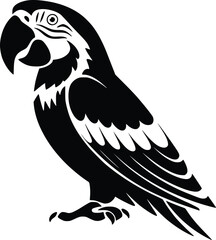 Black and white bold vector of a parrot, isolated on white background.