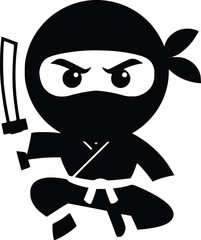 Black and white bold vector of a ninja, isolated on white background.