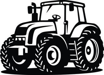 Black and white bold vector of a tractor, isolated on white background.