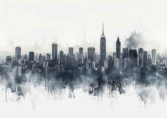 Naklejka premium Monochromatic city skyline with tall buildings and cloudy sky, abstract watercolor effect dripping at the base, conveying a moody and artistic urban atmosphere
