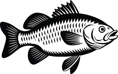 Black and white bold vector of a fish swimming, isolated on white background.