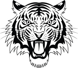 Black and white bold vector of a tiger roaring, isolated on white background.
