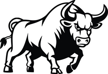 Black and white bold vector of a powerful bull, isolated on white background.