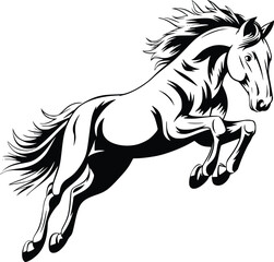 Black and white bold vector of a jumping horse, isolated on white background.