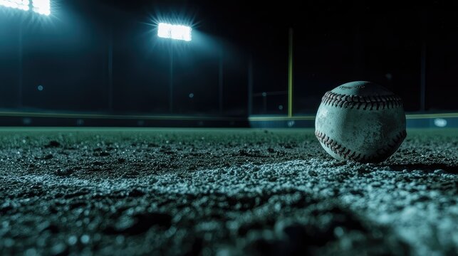 A dramatic scene with a white leather baseball on the pitcher&acirc;&euro;&trade;s mound, the lights of the stadium casting shadows on the field.