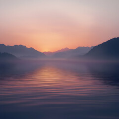 Tranquil mountain range reflecting in a serene lake at sunrise.