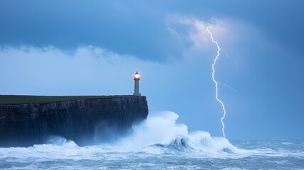 Tower Illuminated By Lightning During A Powerful Ocean Storm