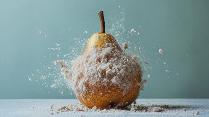 A dynamic image capturing a pear covered in flour as it bursts into action.