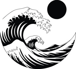 Black and white bold vector of a ocean wave, isolated on white background.
