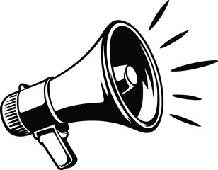 Black and white bold vector of a megaphone shouting, isolated on white background.