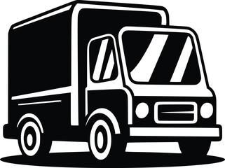 Black and white bold vector of a delivery truck, isolated on white background.