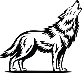 Black and white bold vector of a wolf howling, isolated on white background.
