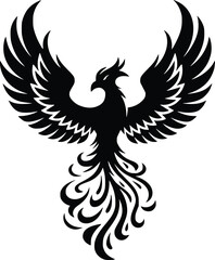 Black and white bold vector of a phoenix rising, isolated on white background.