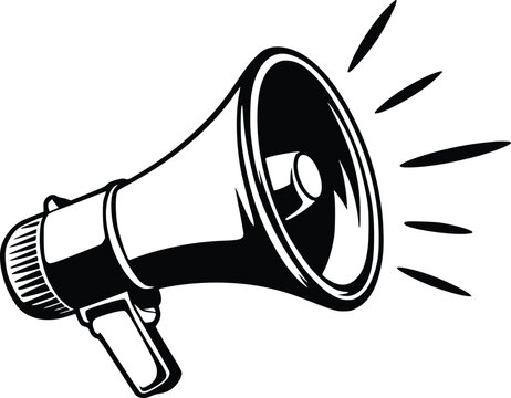 Retro megaphone bullhorn icon, black and white loudspeaker silhouette, announcement marketing symbol for posters and logos